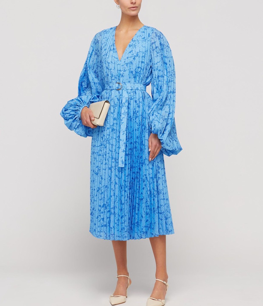 Clothing Acler | Clockhall Pleated Midi Dress In Blue Iris Print