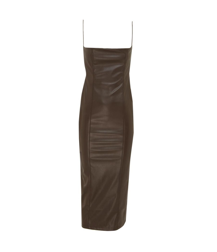 Clothing Aaizel | Vegan Leather Open Back Midi Dress In Dark Brown