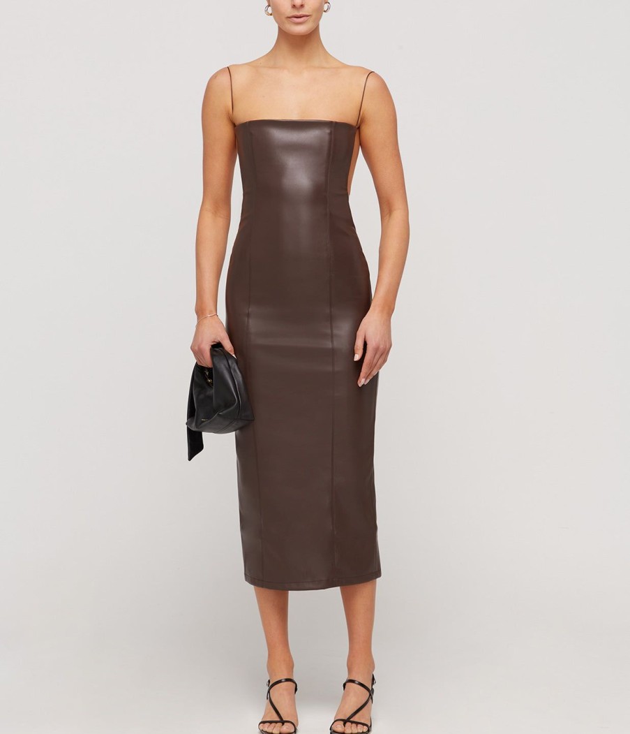 Clothing Aaizel | Vegan Leather Open Back Midi Dress In Dark Brown