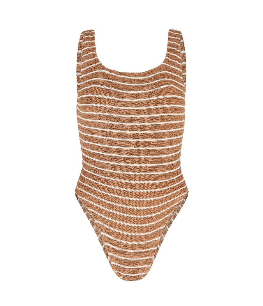 Clothing Hunza G | Square Neck Striped Swimsuit In Metallic Cocoa And White