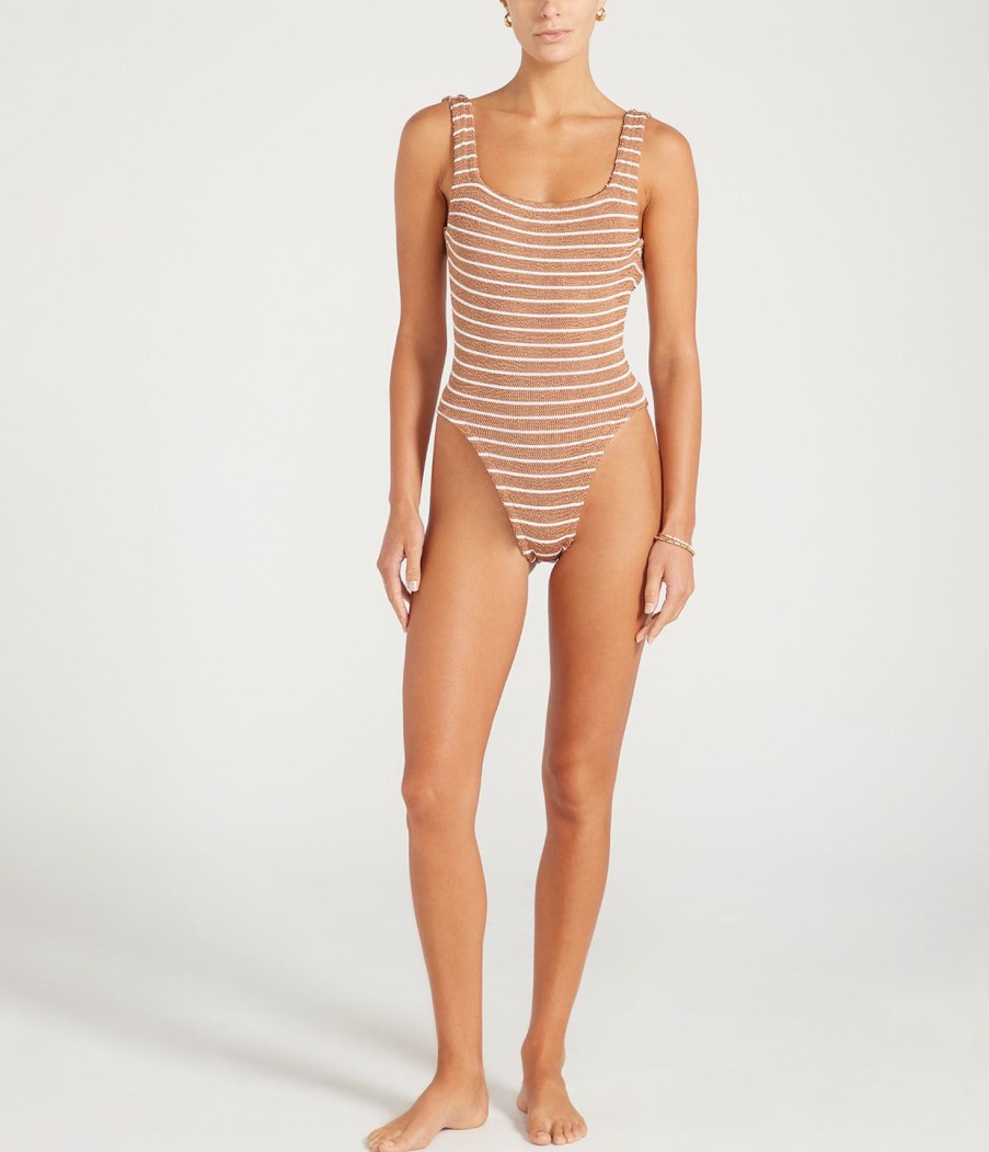 Clothing Hunza G | Square Neck Striped Swimsuit In Metallic Cocoa And White