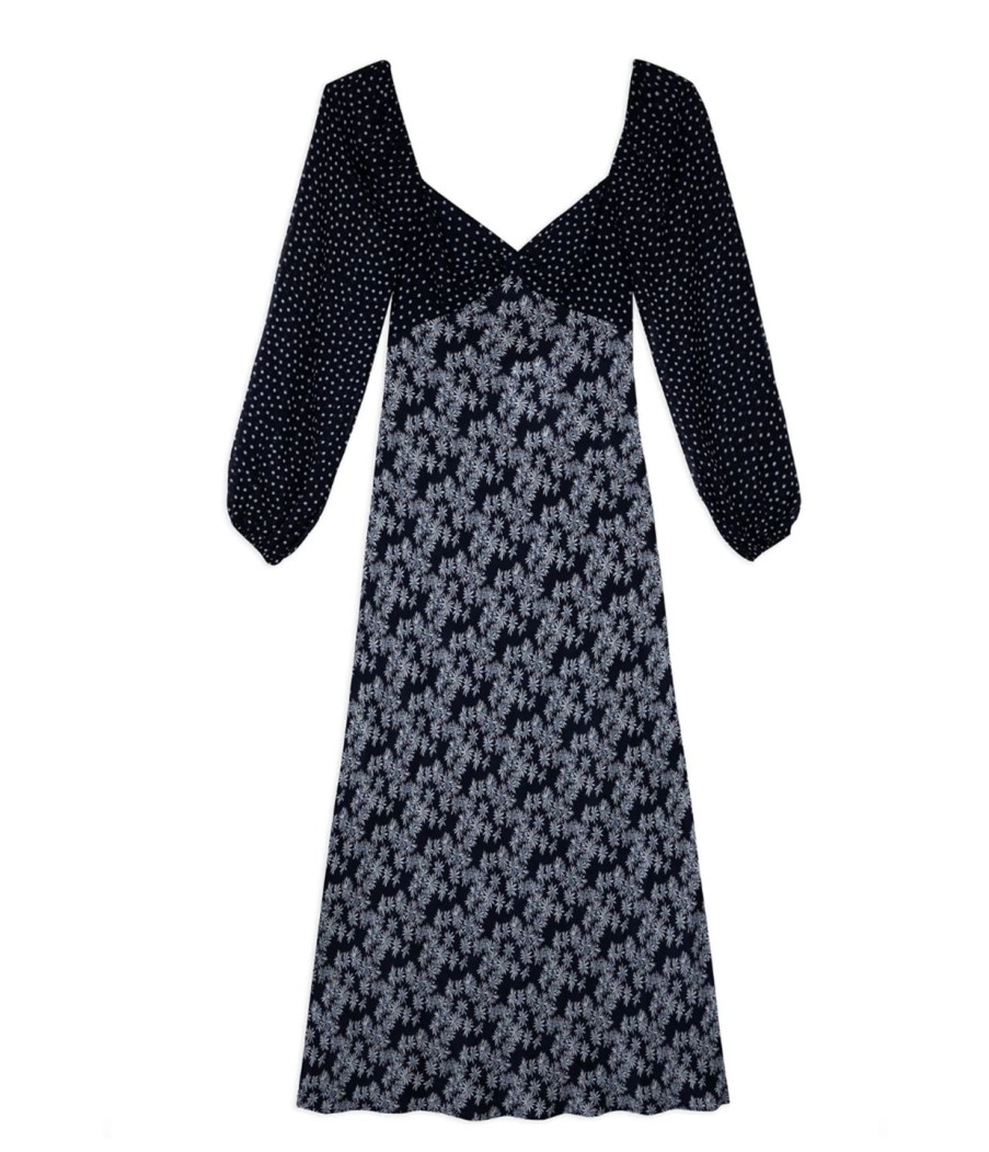 Clothing Rixo | Gio Midi Dress In Navy Polka Dot Daisy Mix