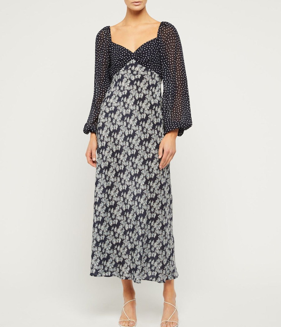 Clothing Rixo | Gio Midi Dress In Navy Polka Dot Daisy Mix