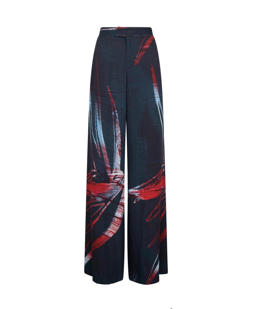 Clothing Louisa Ballou | Wide Leg Silk Satin Pant In Red Silver Flower