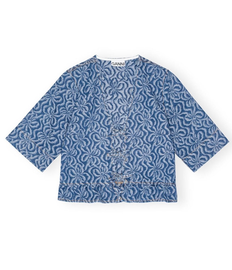 Clothing Ganni | Jacquard Denim Flounce Blouse In Mid Blue Stone