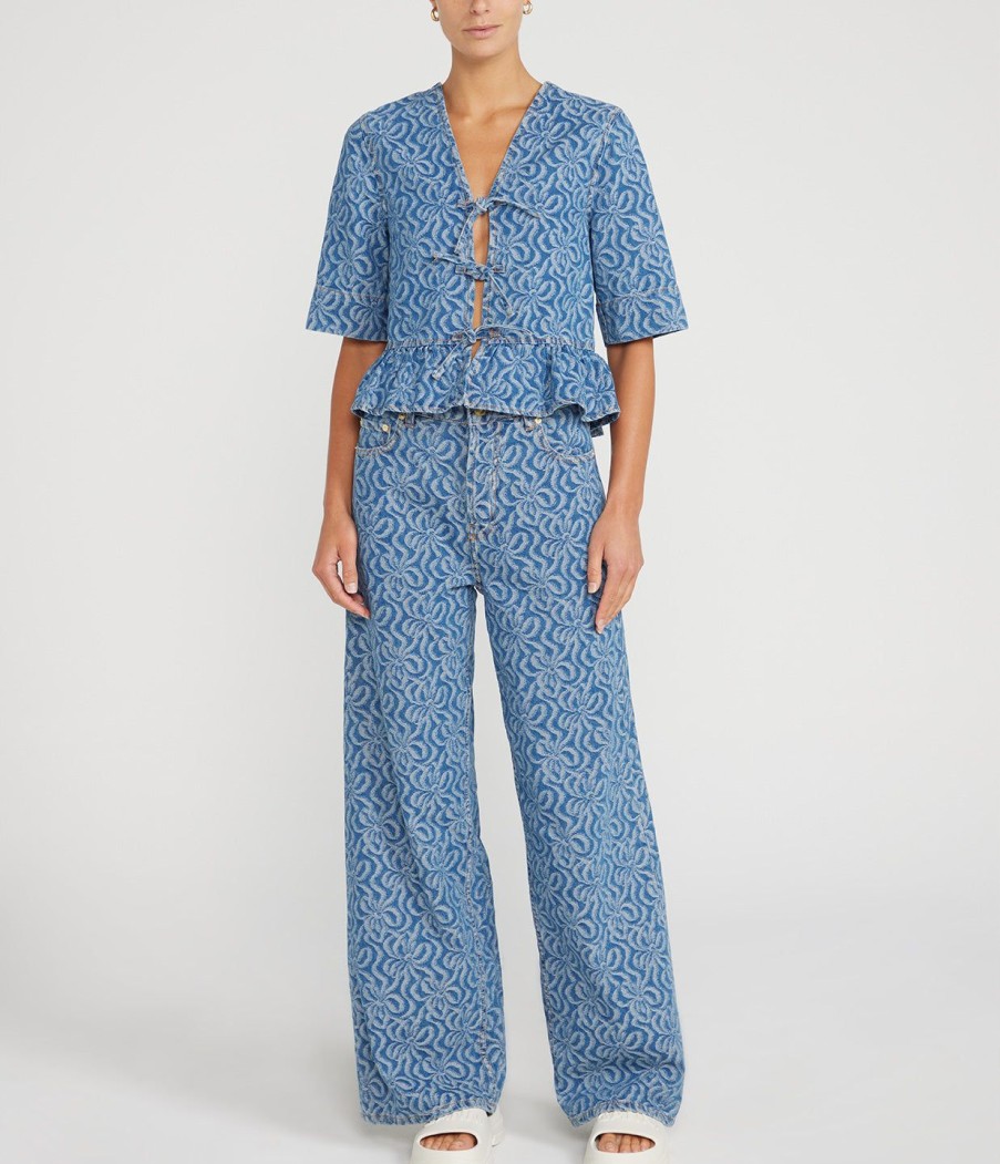 Clothing Ganni | Jacquard Denim Flounce Blouse In Mid Blue Stone