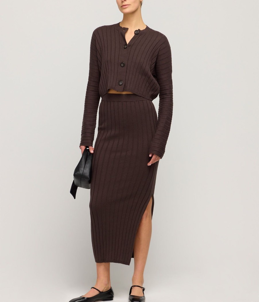 Clothing Lee Mathews | Cotton Cashmere Ribbed Cardigan In Chocolate