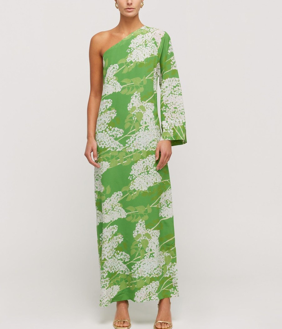 Clothing Bernadette | Lola One Shoulder Silk Maxi Dress In White On Green