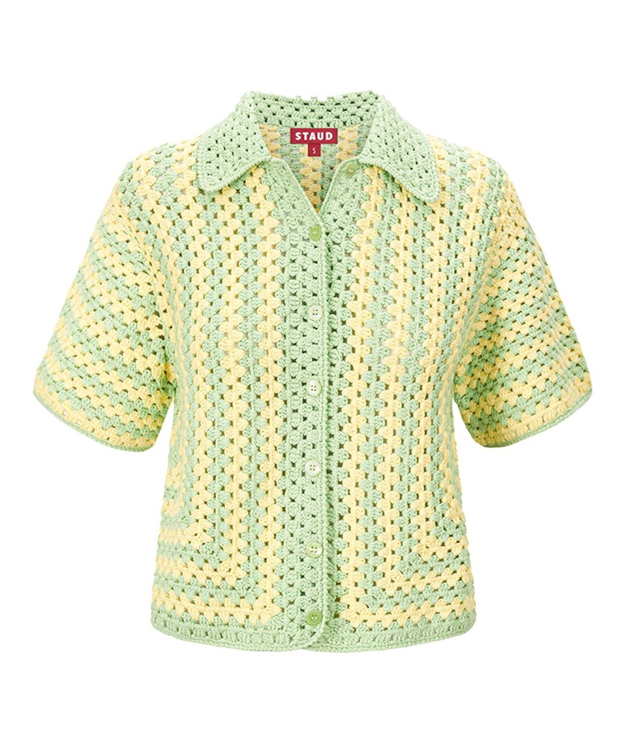 Clothing Staud | Mabel Short Sleeve Shirt In Lemon And Matcha