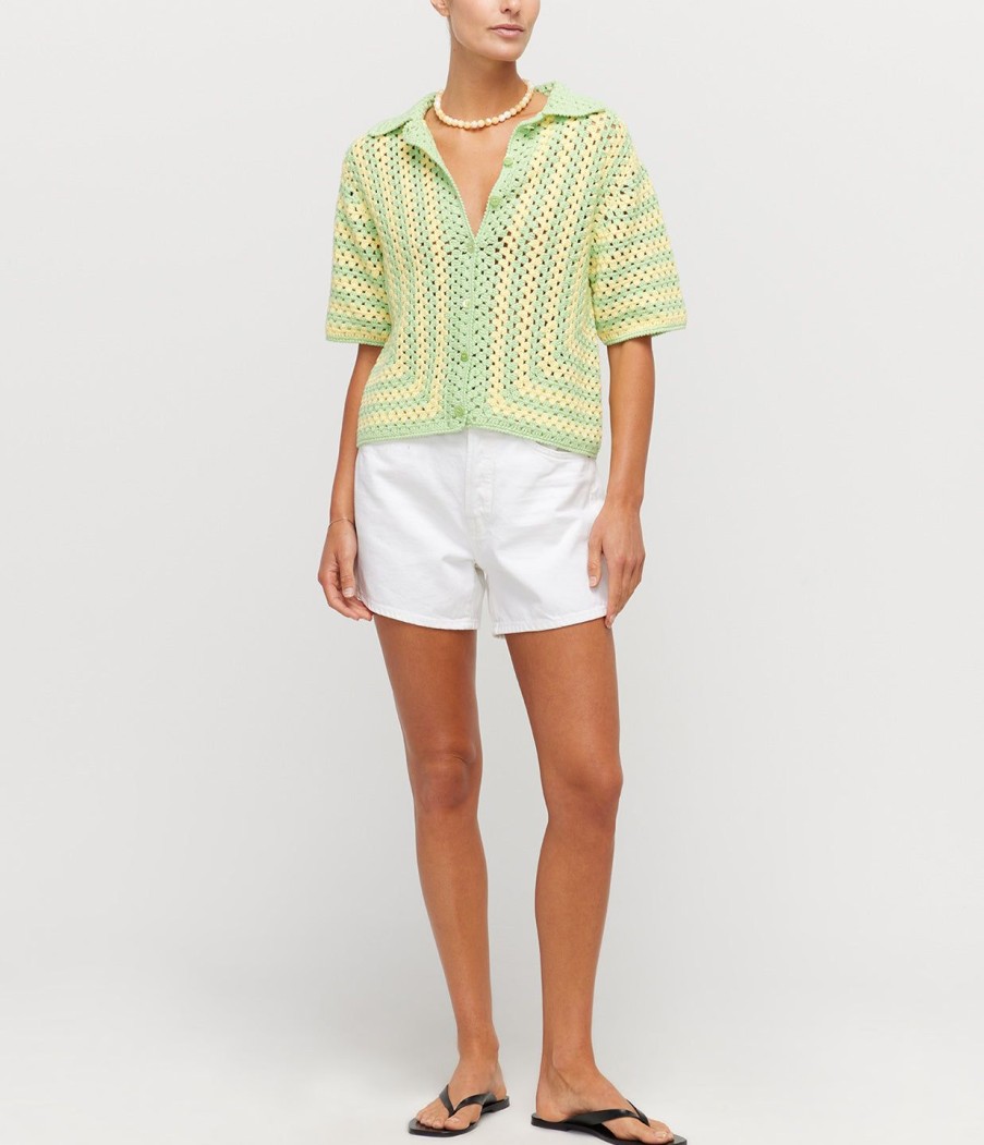 Clothing Staud | Mabel Short Sleeve Shirt In Lemon And Matcha