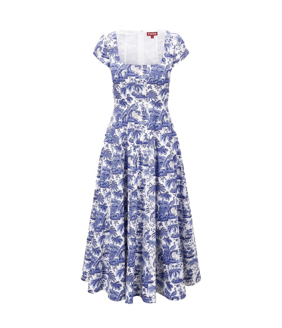 Clothing Staud | Shortsleeve Wells Dress In Blue Toile