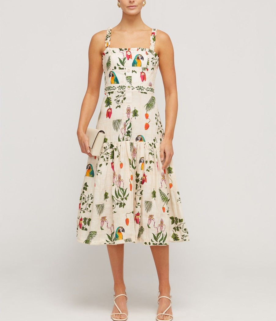 Clothing Agua By Agua Bendita | Nispero Linen Midi Dress In Bouquet