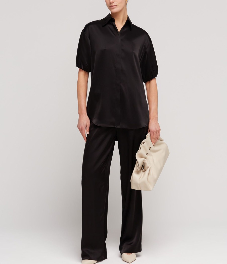 Clothing Esse Studios | Collected Short Sleeve Double Satin Shirt In Black