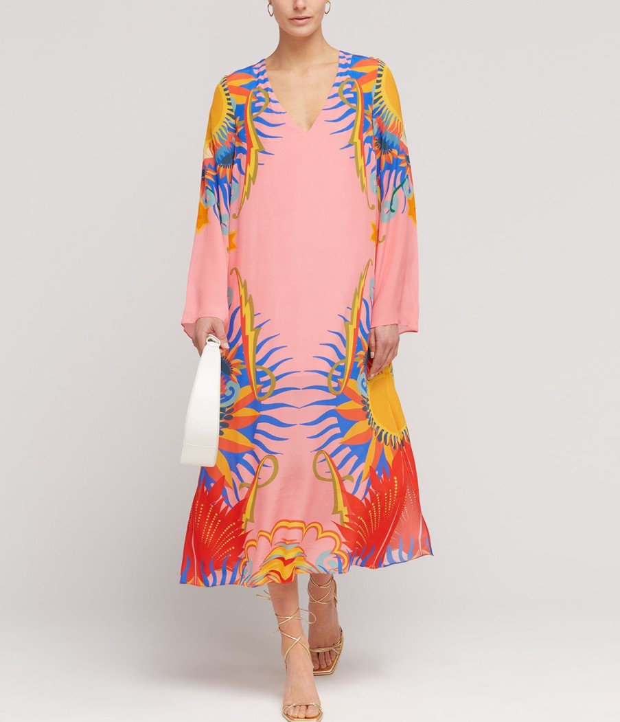 Clothing Borgo De Nor | Phoenix Silk Crepe V-Neck Midi Dress In Sun Goddess