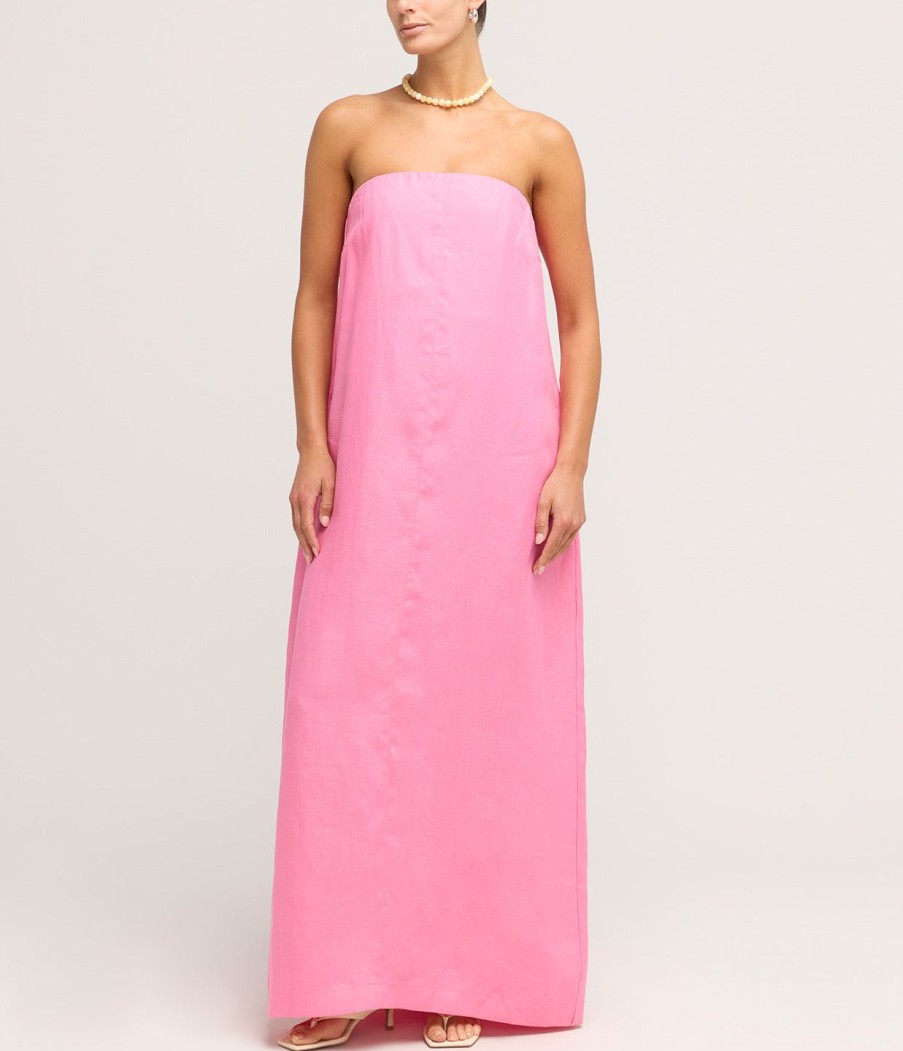 Clothing Bondi Born | Delphi Organic Linen Strapless Dress In Rose