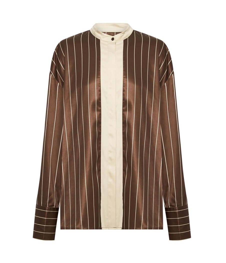 Clothing Solaqua | Bordeaux Silk Stripe Shirt In Cocoa And Ecru