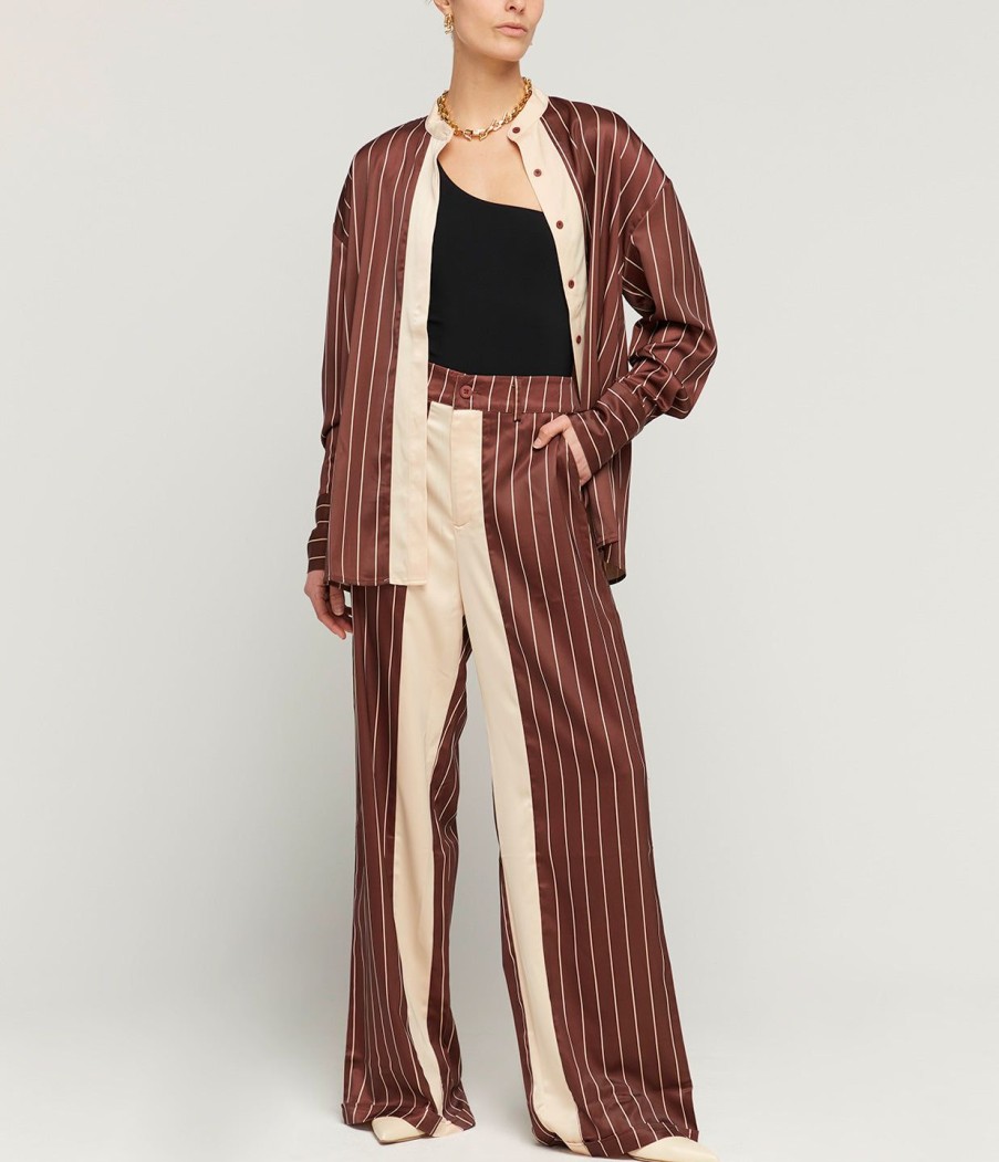 Clothing Solaqua | Bordeaux Silk Stripe Shirt In Cocoa And Ecru