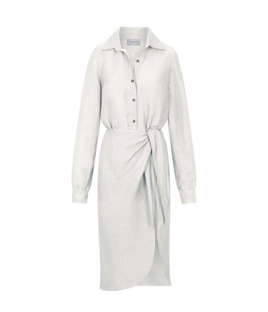 Clothing Anemos | La Asymetric Wrap Linen Cupro Midi Dress In White