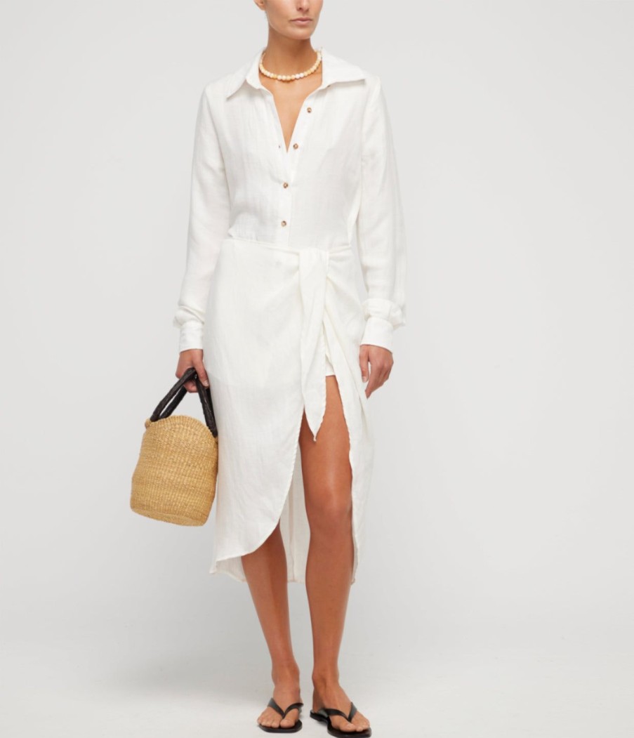 Clothing Anemos | La Asymetric Wrap Linen Cupro Midi Dress In White