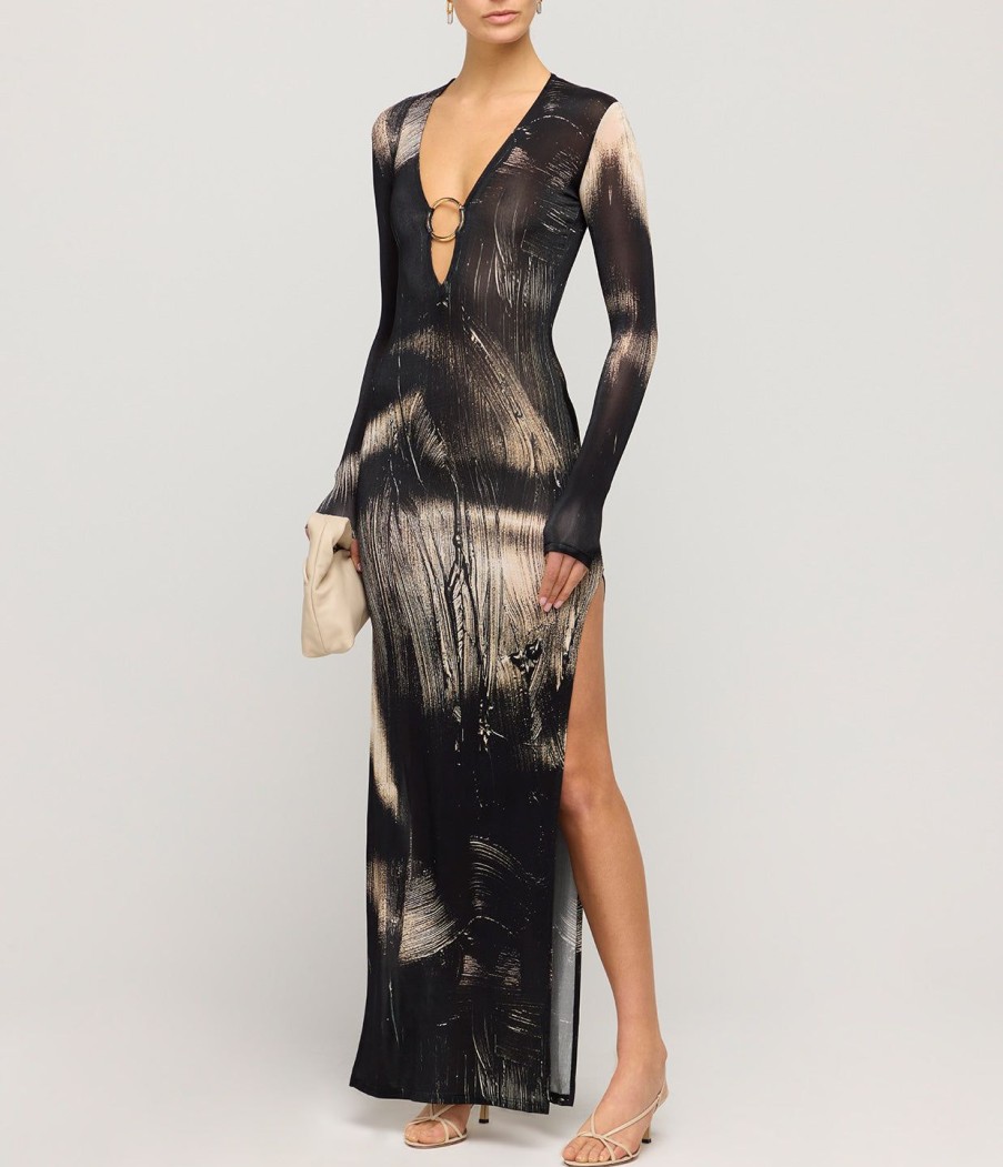 Clothing Louisa Ballou | Long Sleeve Helios Dress In Painted Black