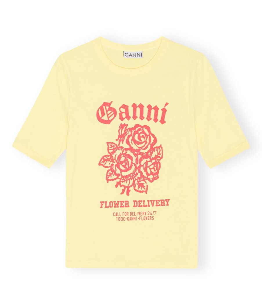 Clothing Ganni | Cotton Jersey Fitted T-Shirt In Yellow Cream