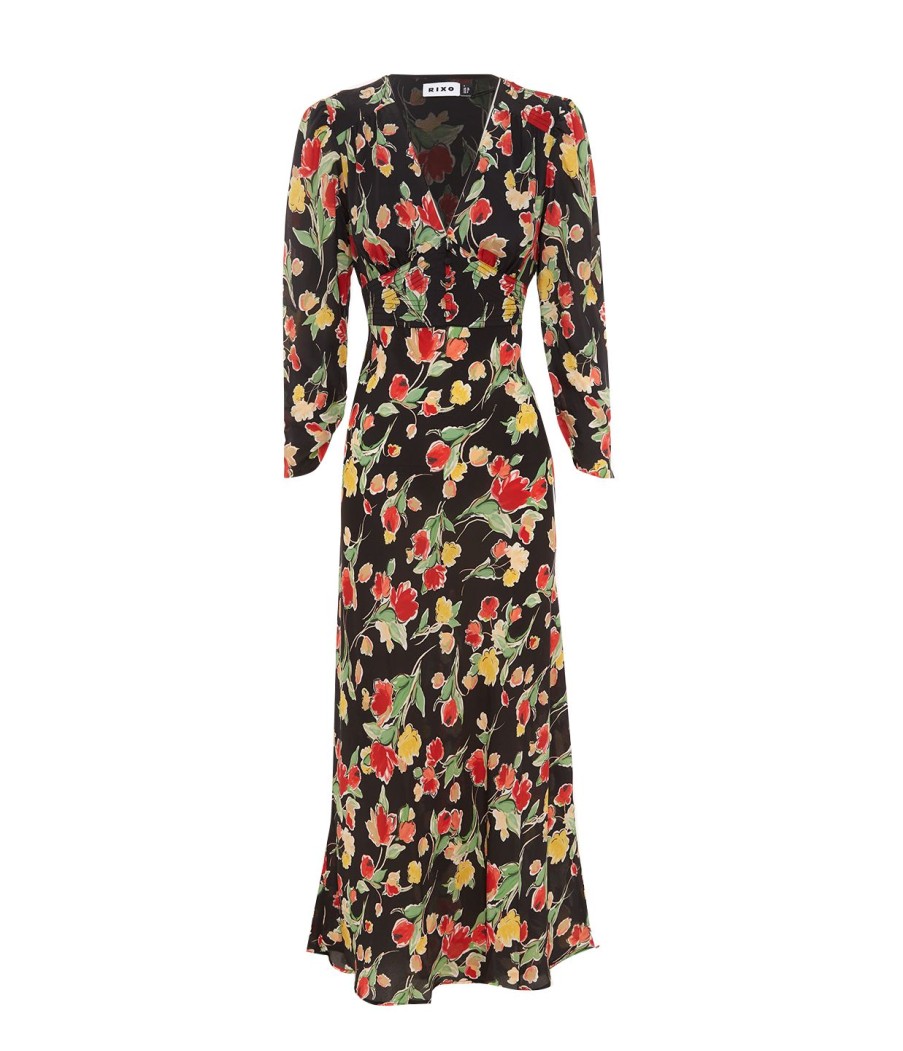 Clothing Rixo | Selma V-Neck Midi Dress In Floral Black