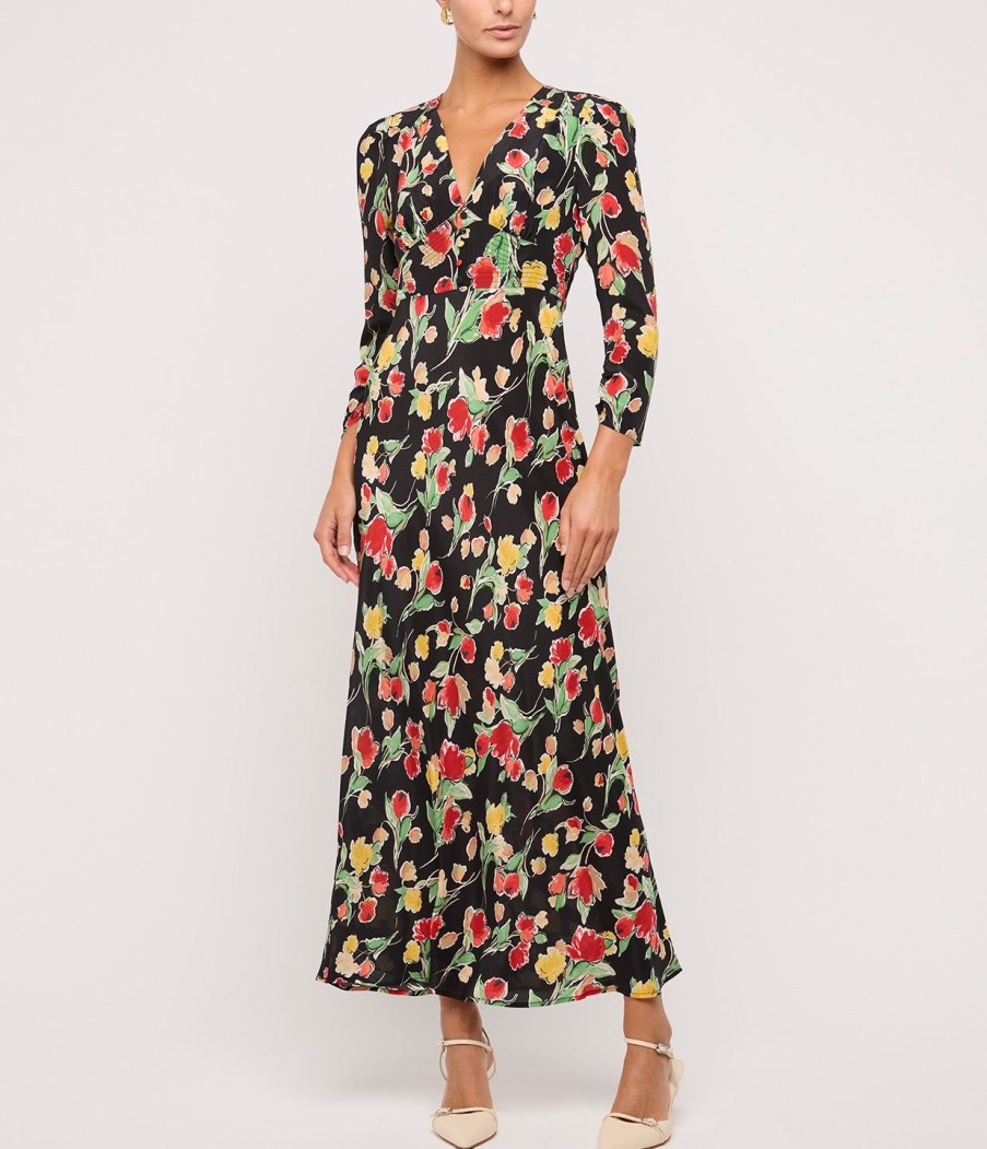 Clothing Rixo | Selma V-Neck Midi Dress In Floral Black