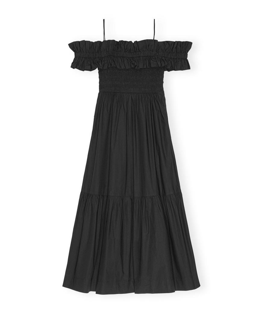 Clothing Ganni | Cotton Poplin Long Smock Dress In Black