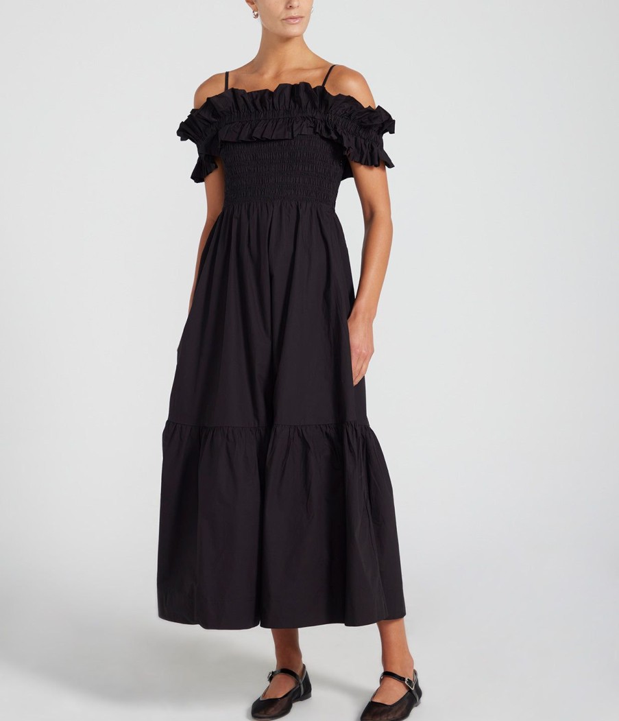 Clothing Ganni | Cotton Poplin Long Smock Dress In Black