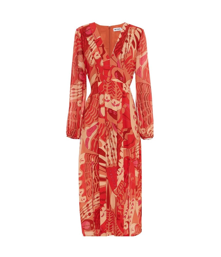 Clothing Rixo | Camellia Silk Longsleeve Dress In Butterfly Red