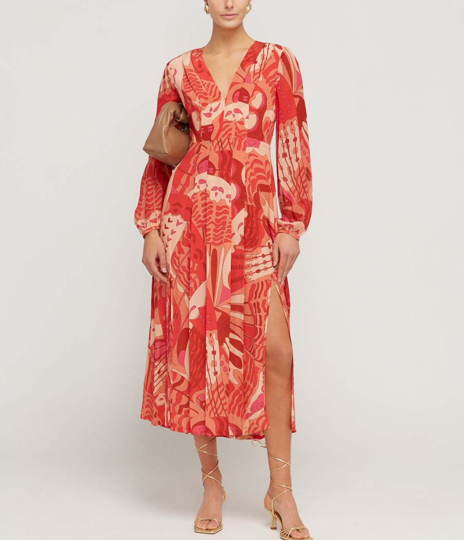 Clothing Rixo | Camellia Silk Longsleeve Dress In Butterfly Red