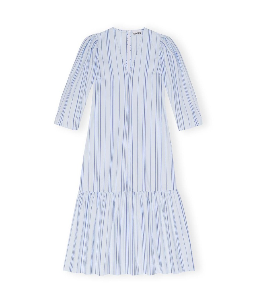 Clothing Ganni | Stripe Twill Maxi Dress In Heather Blue