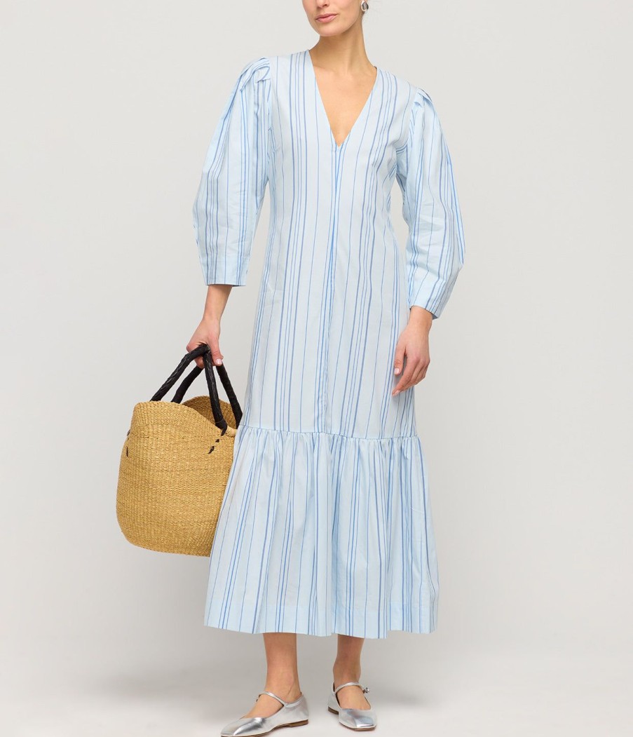 Clothing Ganni | Stripe Twill Maxi Dress In Heather Blue