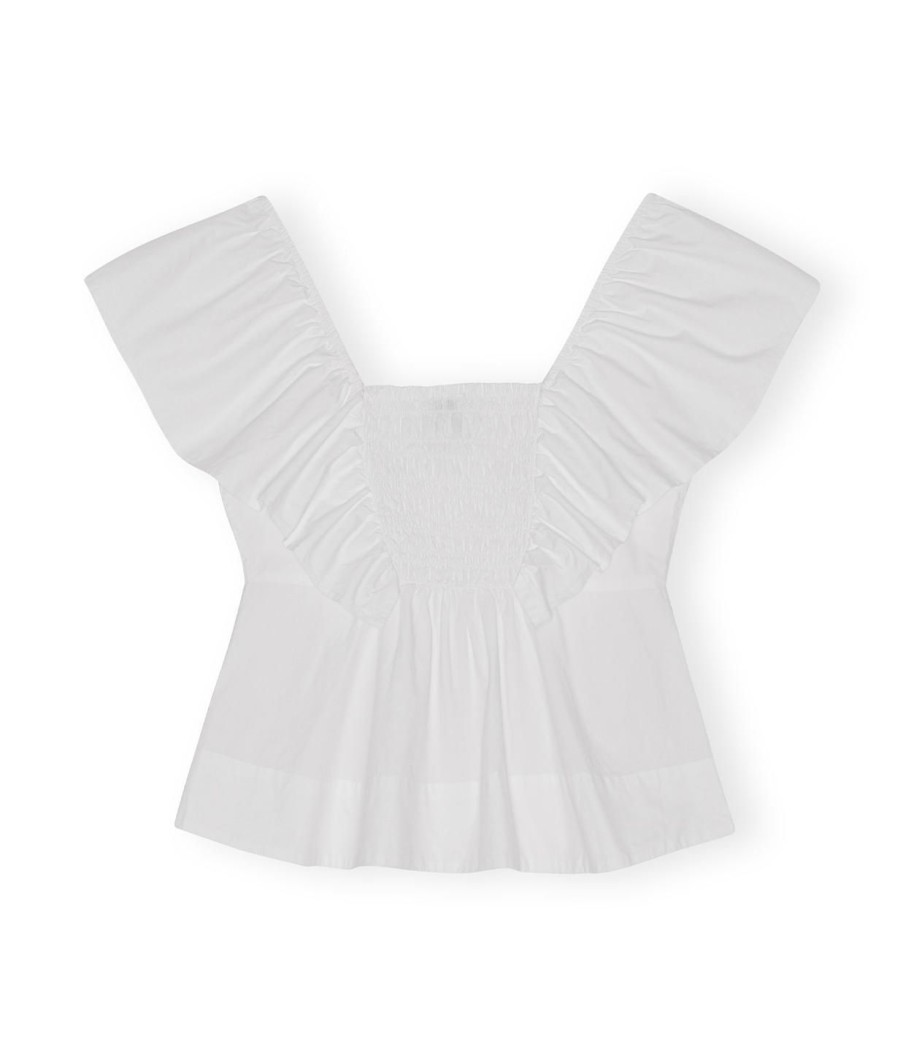 Clothing Ganni | Cotton Poplin Ruffle Blouse In Bright White