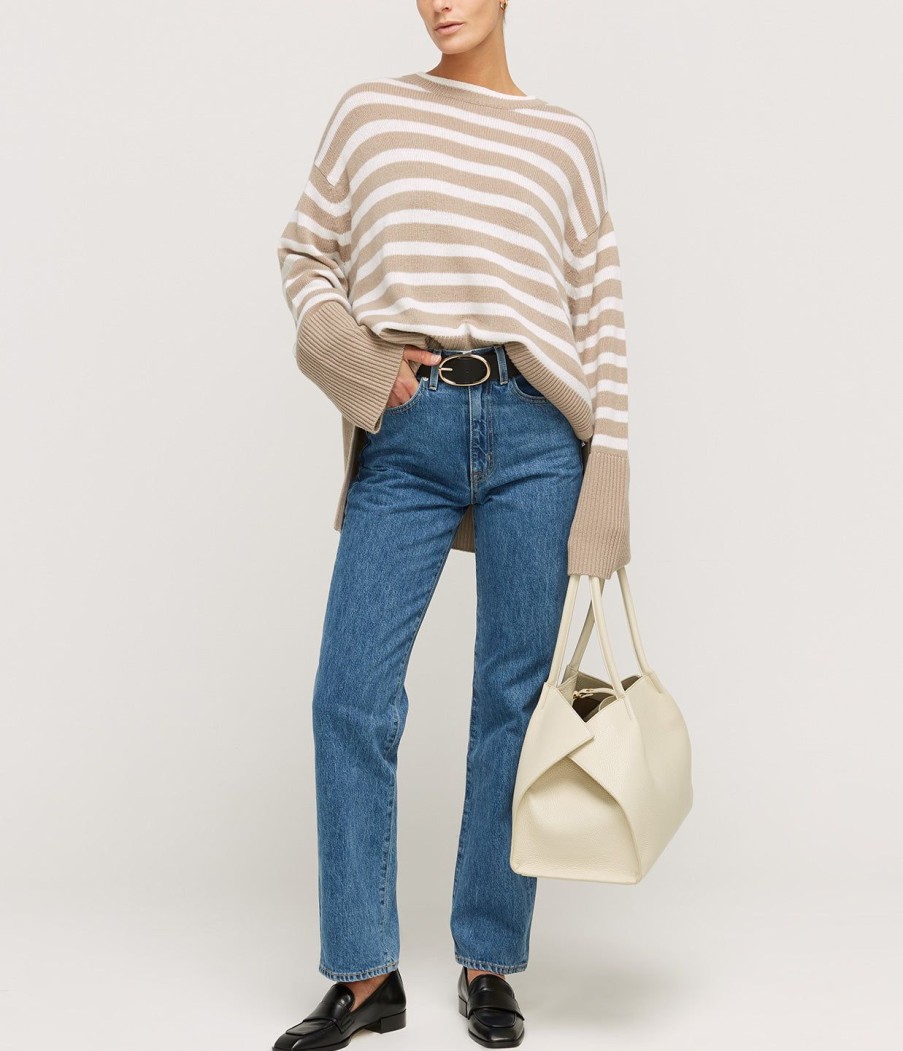 Clothing Allude | Round Neck Wool And Cashmere Sweater In Sand Stripe