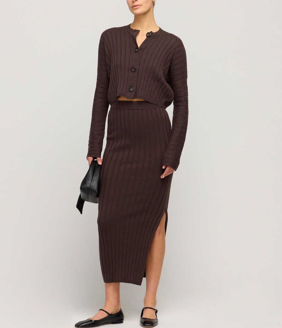 Clothing Lee Mathews | Cotton Cashmere Ribbed Skirt In Chocolate