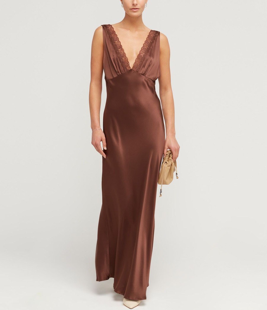 Clothing Maison Essentiele | Vintage Maxi Silk Dress In Chocolate