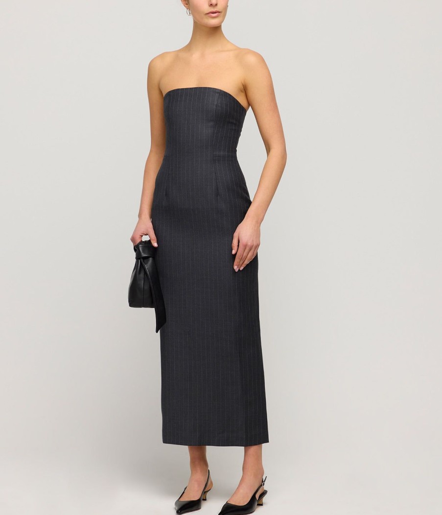 Clothing Wynn Hamlyn | Tandi Wool Midi Dress In Grey Pinstripe