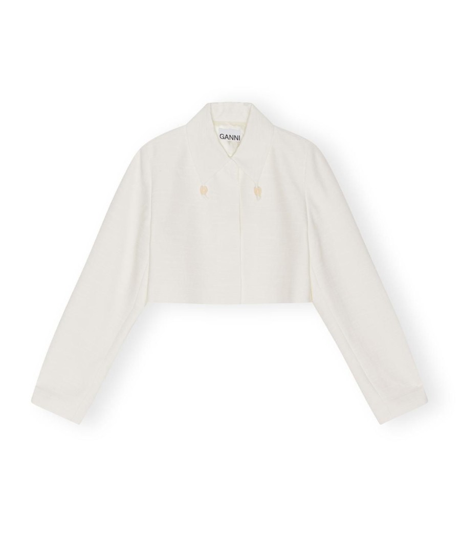 Clothing Ganni | Slub Linen Cropped Blazer In Egret