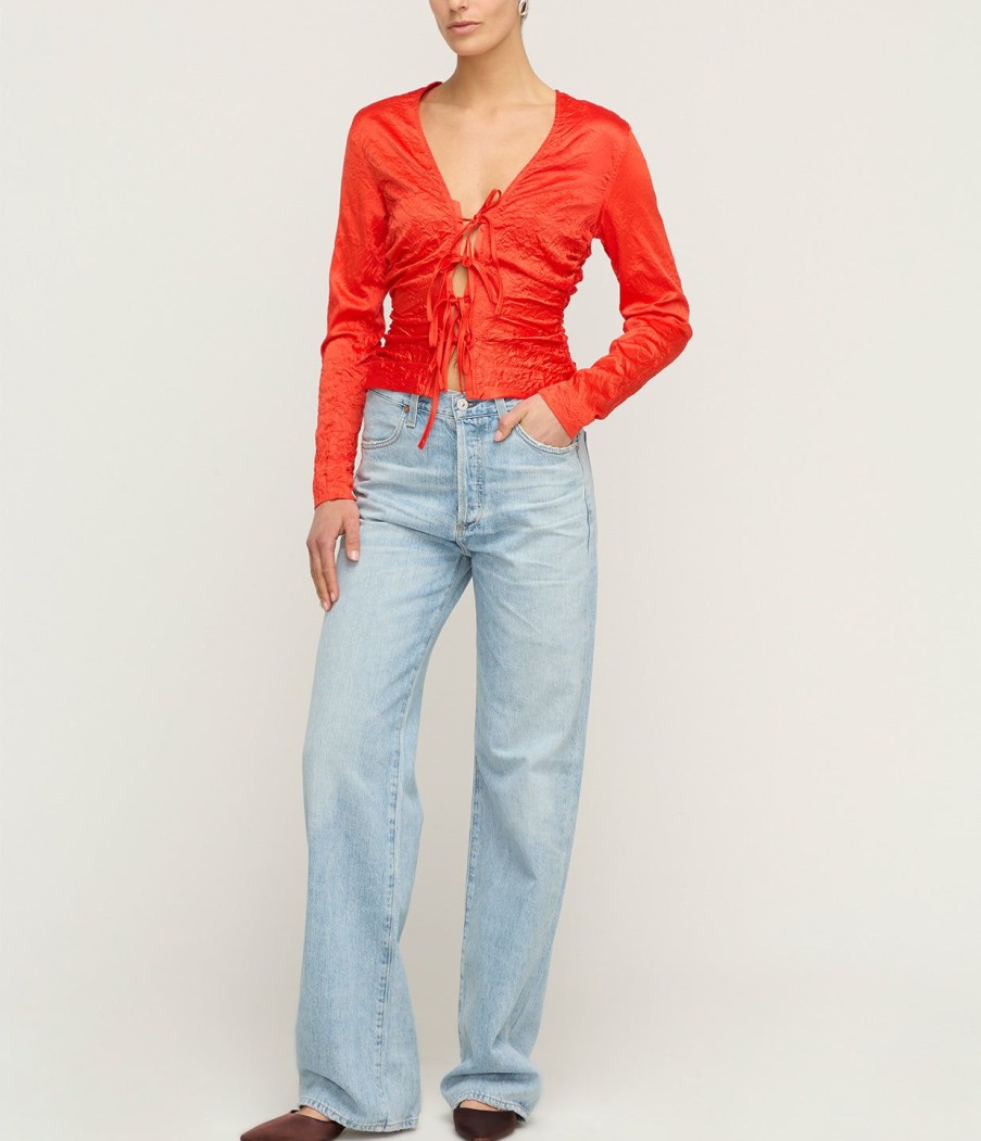 Clothing Ganni | Crinkled Satin V-Neck Shirt In Grenadine