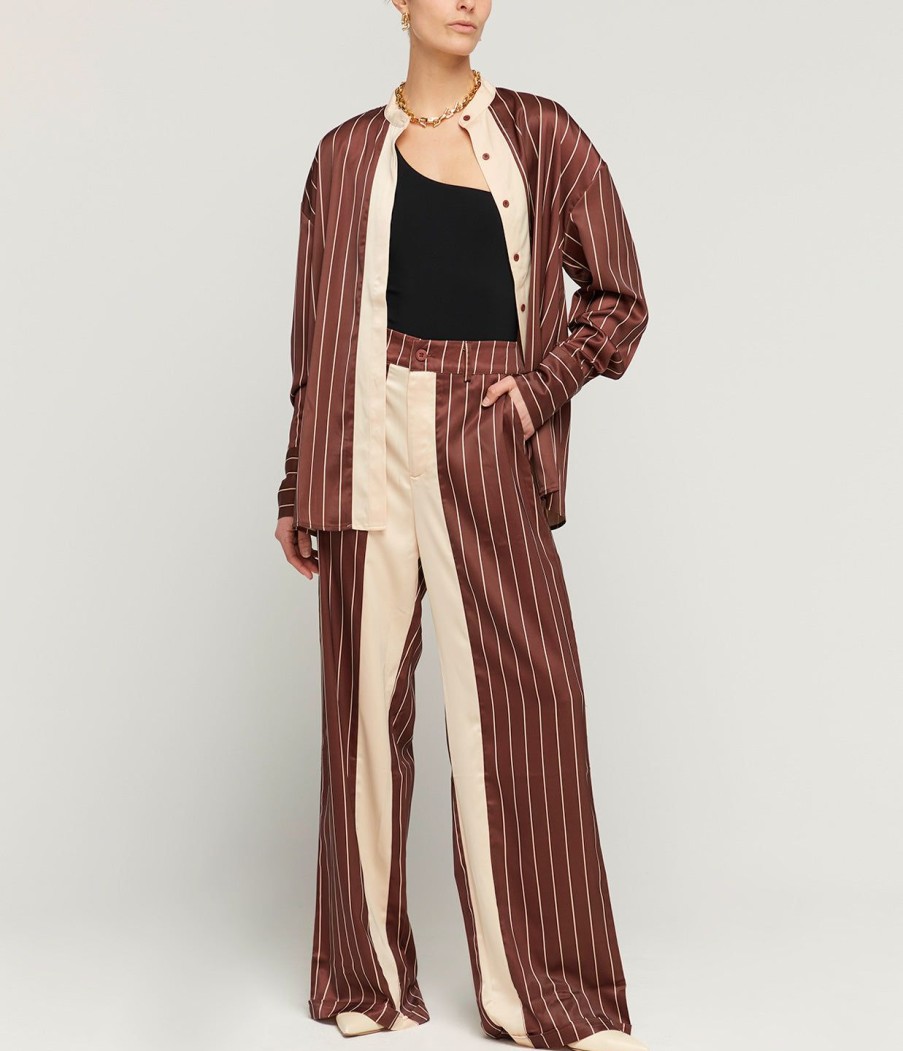 Clothing Solaqua | Bordeaux Silk Stripe Tailored Pant In Cocoa And Ecru