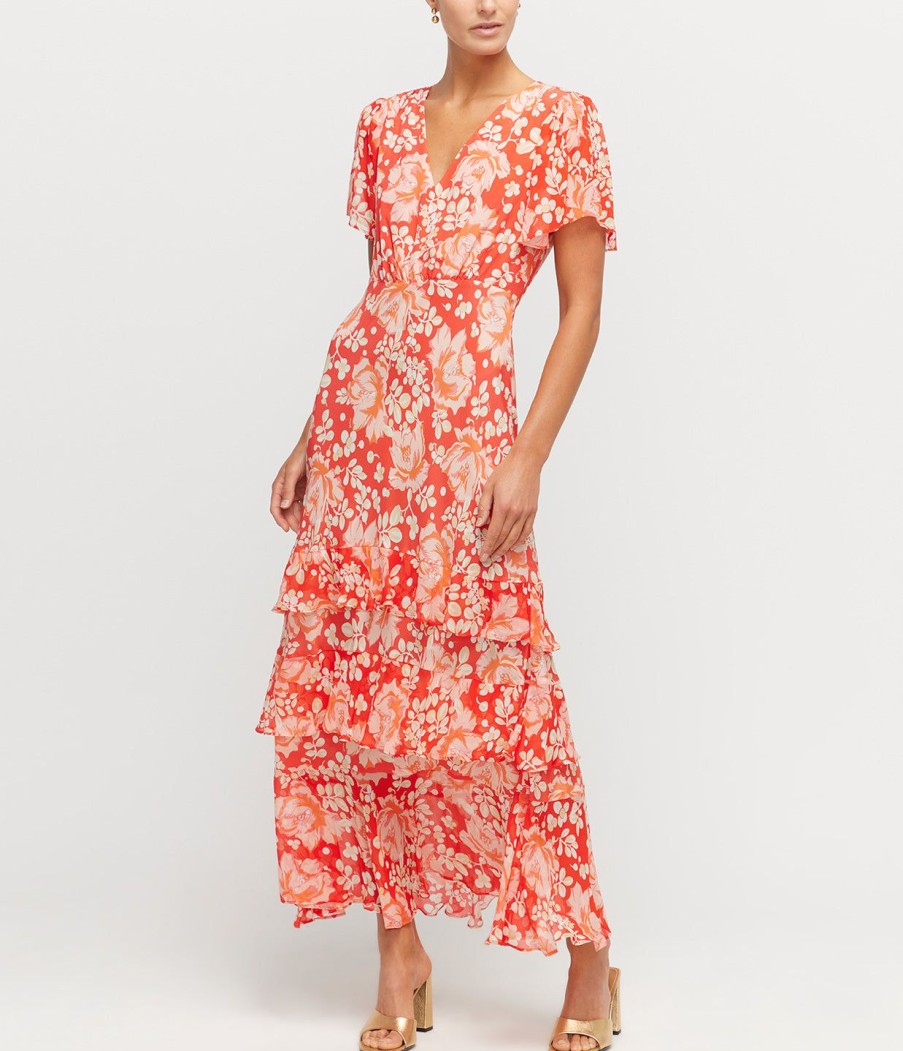 Clothing Rixo | Gilly Tiered Dress In Umbrella Coral