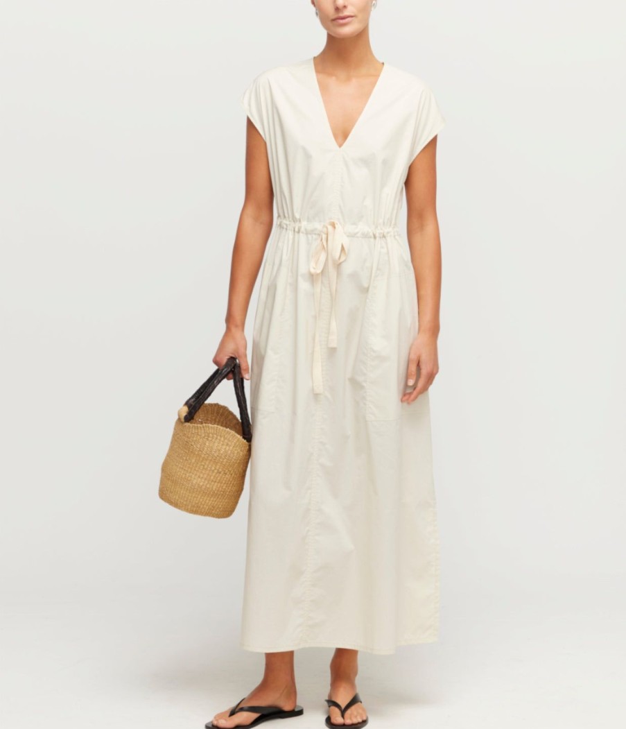 Clothing Lee Mathews | Cotton Poplin V-Neck Dress In Limestone