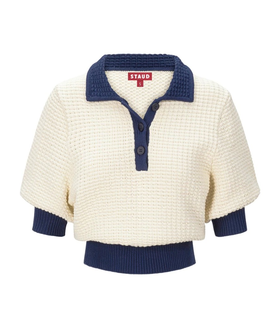 Clothing Staud | Altea Short Sleeve Sweater In Ivory And Navy