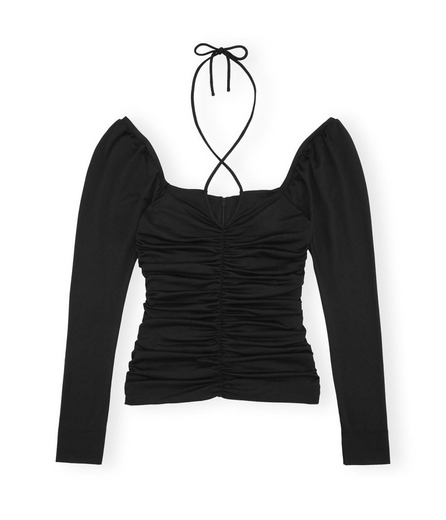 Clothing Ganni | Shiny Crepe Jersey Ruched Blouse In Black