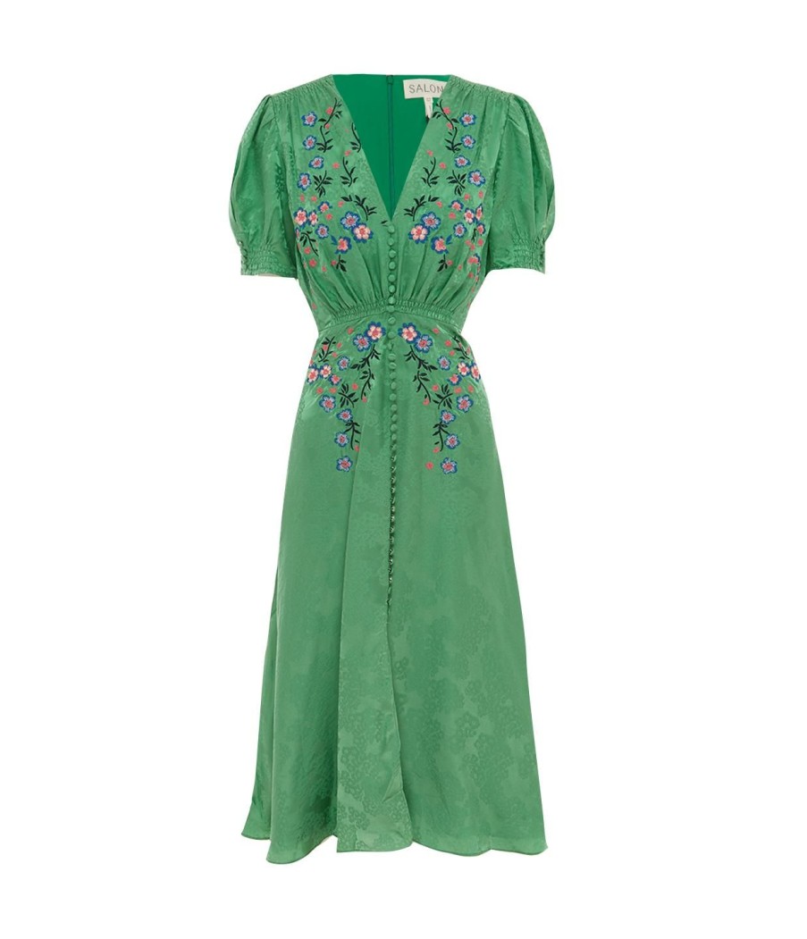 Clothing Saloni | Lea Silk Shortsleeve Midi Dress In Kelly Green