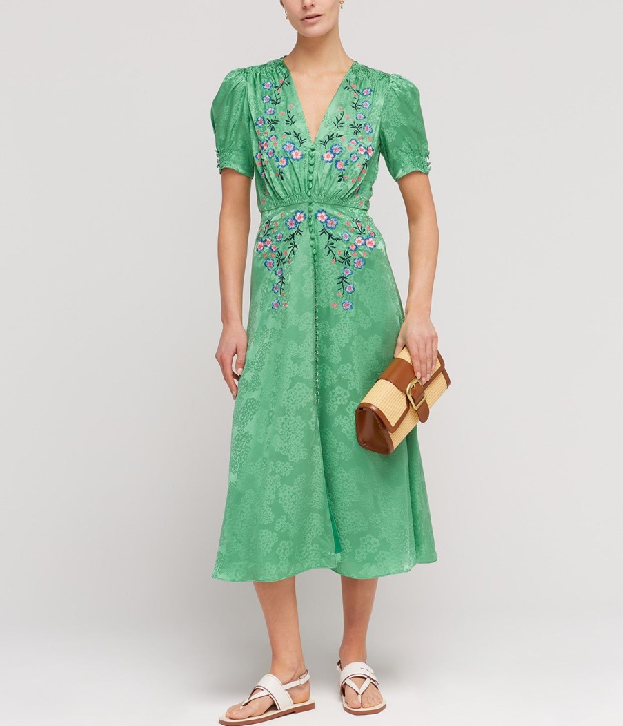 Clothing Saloni | Lea Silk Shortsleeve Midi Dress In Kelly Green