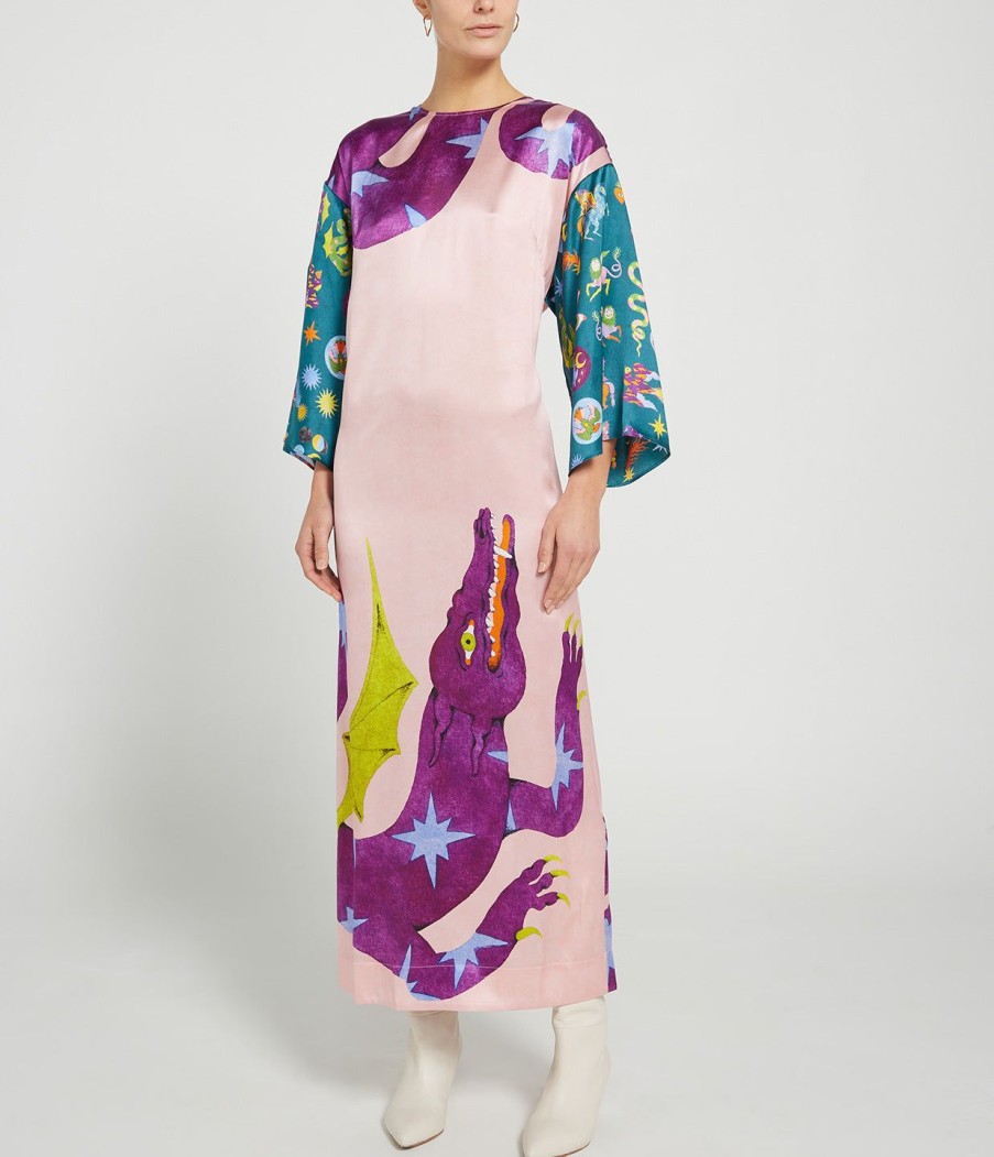 Clothing Alemais | Superhero Silk Satin Midi Dress In Pink Multi