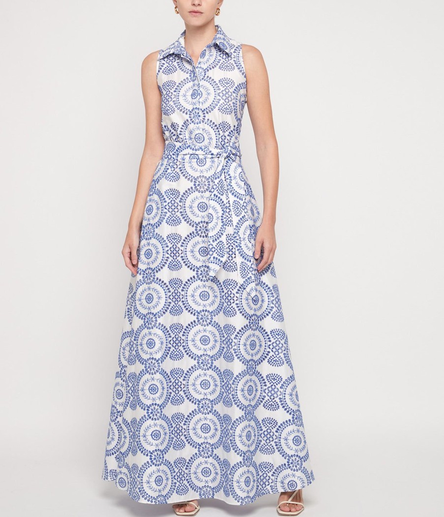 Clothing Borgo De Nor | Paloma Broderie Anglaise Collared Gown In Blue